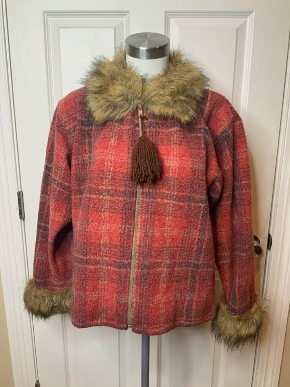 Tasha Polizzi Red Plaid Blanket Western-Style Faux Fur Collar Jacket Size M